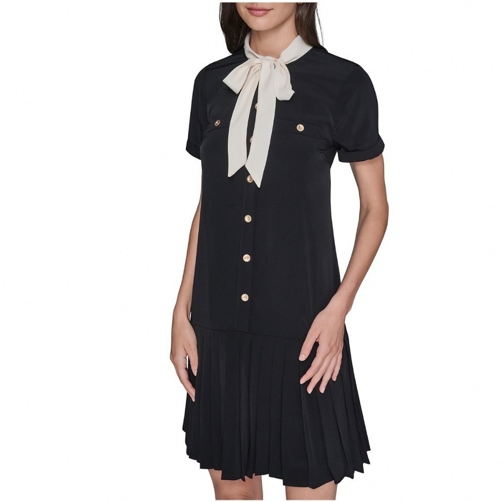Karl Lagerfeld Paris Bow‎ Neck Pleated Skirt Dress Black Birch LD5E0K33 New 14